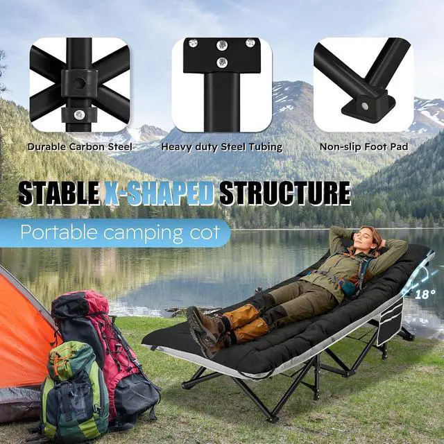 Alt view image 2 of 7 - Camping Cot, Portable Camping Cot for Adult, 28" Wide Sleeping Cot Max Load 600LBS with Thick Mattress and Carry Bag, Portable Camping Bed for Outdoor Camping/Office, Home Nap