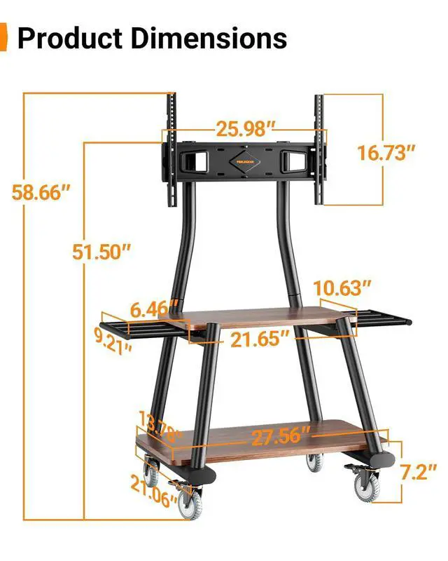 Alt view image 2 of 7 - Rolling TV Stand for 43-82 TVs up to 132 lbs, Outdoor TV Stand with Extra-Large Wheels & Extendable Handles, Height Adjustable Mobile TV Cart with Wood Shelf, Max VESA 600x400mm, PGTVMC25B