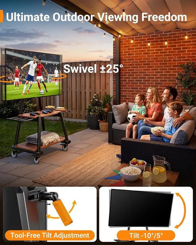 Alt view image 4 of 7 - Rolling TV Stand for 43-82 TVs up to 132 lbs, Outdoor TV Stand with Extra-Large Wheels & Extendable Handles, Height Adjustable Mobile TV Cart with Wood Shelf, Max VESA 600x400mm, PGTVMC25B