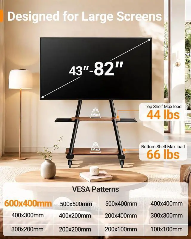 Alt view image 6 of 7 - Rolling TV Stand for 43-82 TVs up to 132 lbs, Outdoor TV Stand with Extra-Large Wheels & Extendable Handles, Height Adjustable Mobile TV Cart with Wood Shelf, Max VESA 600x400mm, PGTVMC25B