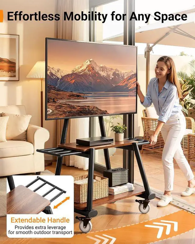 Alt view image 7 of 7 - Rolling TV Stand for 43-82 TVs up to 132 lbs, Outdoor TV Stand with Extra-Large Wheels & Extendable Handles, Height Adjustable Mobile TV Cart with Wood Shelf, Max VESA 600x400mm, PGTVMC25B