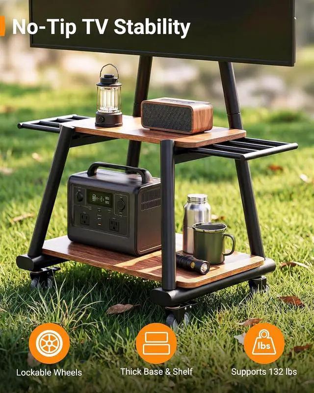 Alt view image 5 of 7 - Rolling TV Stand for 43-82 TVs up to 132 lbs, Outdoor TV Stand with Extra-Large Wheels & Extendable Handles, Height Adjustable Mobile TV Cart with Wood Shelf, Max VESA 600x400mm, PGTVMC25B