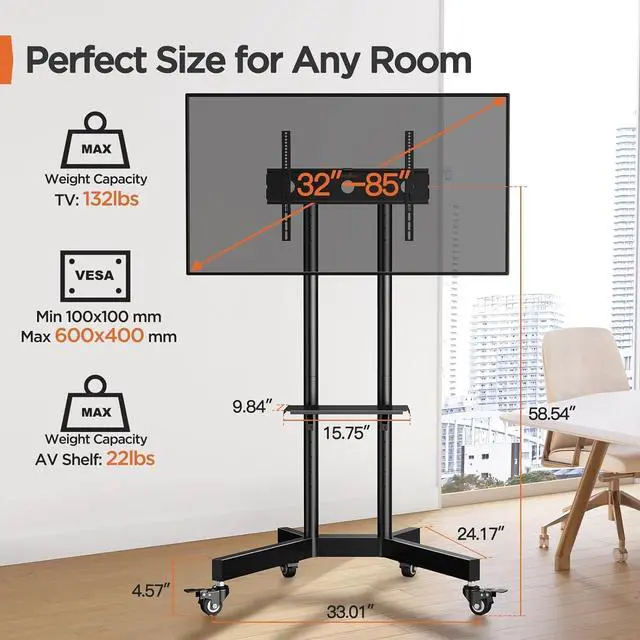 Alt view image 2 of 7 - Rolling TV Stand, Mobile TV Stand on Wheels for 32-85 Inch Screens up to 132 lbs, Height Adjustable Mobile TV Cart with Metal Shelf, Rolling TV Cart with Lockable Wheels Max VESA 600x400mm