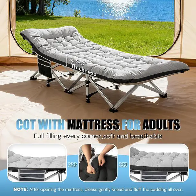 Alt view image 5 of 7 - Camping Cot, Portable Camping Cot for Adult, 28" Wide Sleeping Cot Max Load 600LBS with Thick Mattress and Carry Bag, Portable Camping Bed for Outdoor Camping/Office, Home Nap