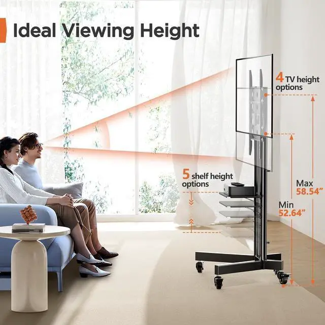 Alt view image 3 of 7 - Rolling TV Stand, Mobile TV Stand on Wheels for 32-85 Inch Screens up to 132 lbs, Height Adjustable Mobile TV Cart with Metal Shelf, Rolling TV Cart with Lockable Wheels Max VESA 600x400mm