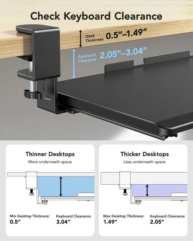Alt view image 4 of 7 - Keyboard Tray Under Desk, Keyboard Holder with C-Clamp Hardware, 26.5 W x 11.8 D Slide Out Computer Keyboard & Mouse Tray for Home Office, Black, HNKB12B, Large