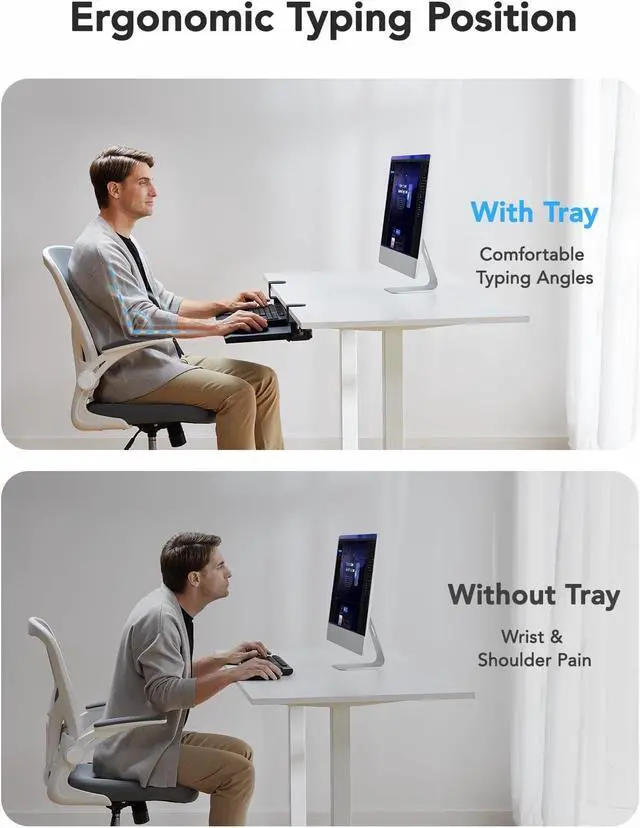 Alt view image 3 of 7 - Keyboard Tray Under Desk, Keyboard Holder with C-Clamp Hardware, 26.5 W x 11.8 D Slide Out Computer Keyboard & Mouse Tray for Home Office, Black, HNKB12B, Large