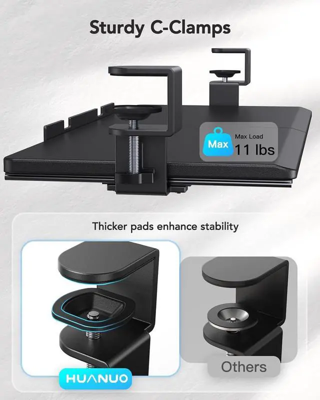 Alt view image 5 of 7 - Keyboard Tray Under Desk, Keyboard Holder with C-Clamp Hardware, 26.5 W x 11.8 D Slide Out Computer Keyboard & Mouse Tray for Home Office, Black, HNKB12B, Large