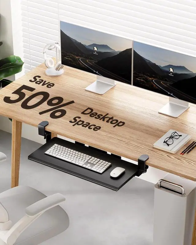 Alt view image 7 of 7 - Keyboard Tray Under Desk, Keyboard Holder with C-Clamp Hardware, 26.5 W x 11.8 D Slide Out Computer Keyboard & Mouse Tray for Home Office, Black, HNKB12B, Large