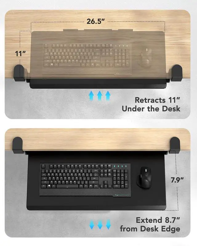 Alt view image 6 of 7 - Keyboard Tray Under Desk, Keyboard Holder with C-Clamp Hardware, 26.5 W x 11.8 D Slide Out Computer Keyboard & Mouse Tray for Home Office, Black, HNKB12B, Large