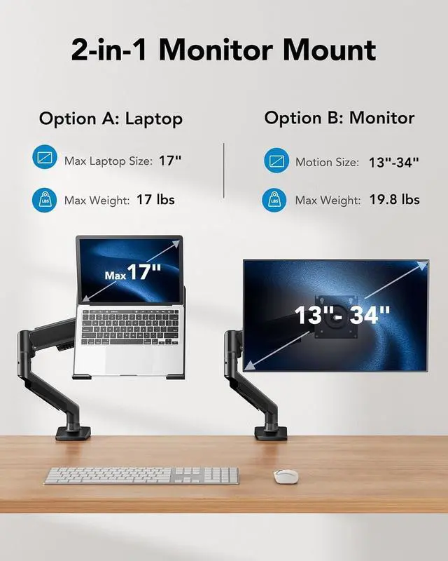 Alt view image 2 of 7 - 2 in 1 Function Laptop Mount with Tray, Fits 13-34 Monitors & Up to 17 Notebook, Ergonomic Laptop Arm with Full Motion Adjustment, Laptop Stand for Desk, VESA 75x75mm/100x100mm