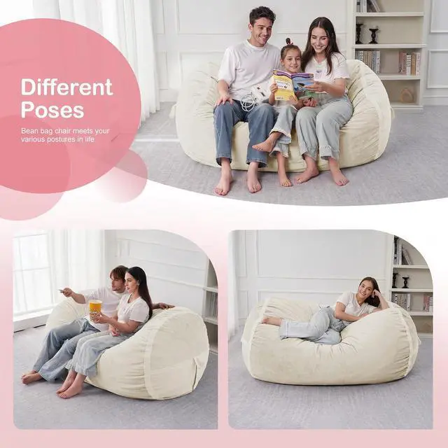 Alt view image 5 of 6 - 4ft Bean Bag Chair Giant Bean Bag Chairs for Adults with Memory Foam Filled, Large Beanbag Chair with Removable Dutch Velvet Cover for Living Room, Bedroom, Dorm, White