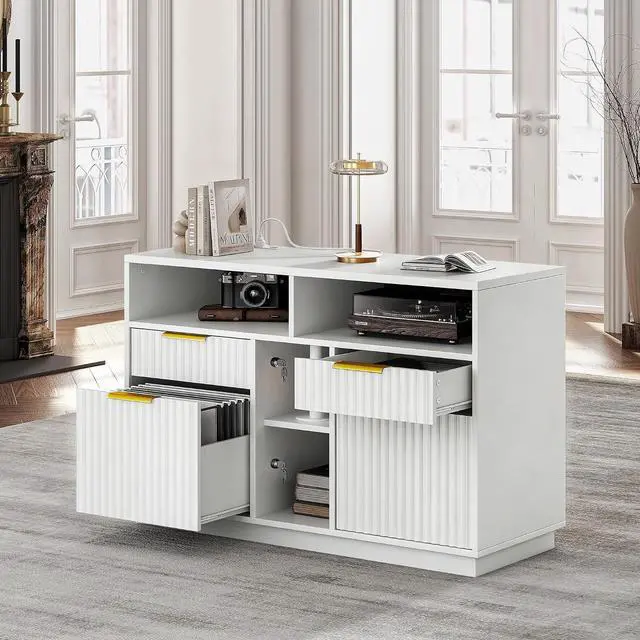 Main image of 4 Drawer File Cabinet, Fluted Wood Lateral Filing Cabinet with Lock and Charging Station for Home Office, Printer Stand with Open Storage Shelves, Fits A4, Letter Size Files, White