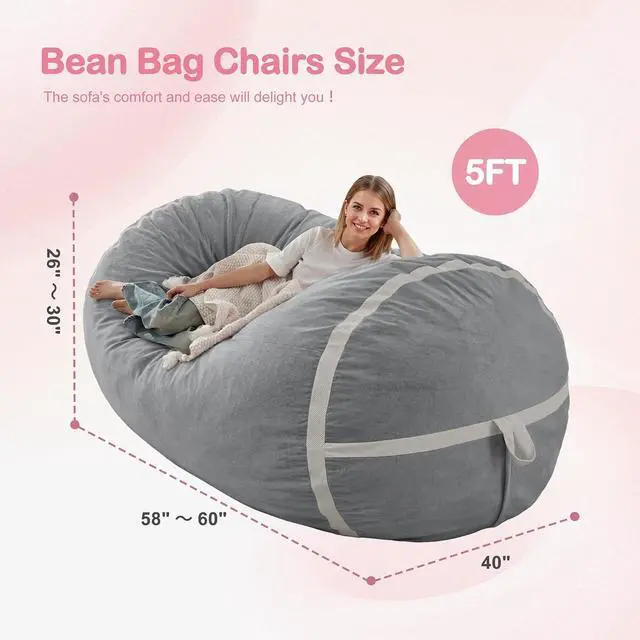 Alt view image 2 of 6 - 5ft Bean Bag Chair Giant Bean Bag Chairs for Adults with Memory Foam Filled, Large Beanbag Chair with Removable Dutch Velvet Cover for Living Room, Bedroom, Dorm, Light Grey
