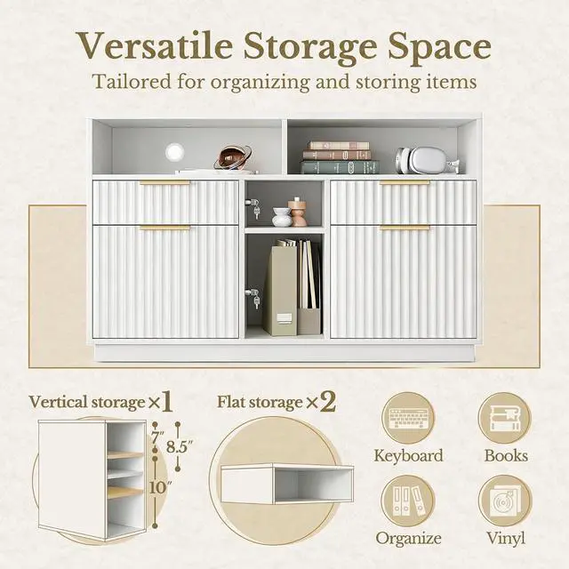 Alt view image 5 of 7 - 4 Drawer File Cabinet, Fluted Wood Lateral Filing Cabinet with Lock and Charging Station for Home Office, Printer Stand with Open Storage Shelves, Fits A4, Letter Size Files, White