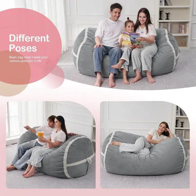 Alt view image 5 of 6 - 5ft Bean Bag Chair Giant Bean Bag Chairs for Adults with Memory Foam Filled, Large Beanbag Chair with Removable Dutch Velvet Cover for Living Room, Bedroom, Dorm, Light Grey