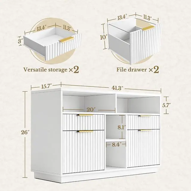 Alt view image 2 of 7 - 4 Drawer File Cabinet, Fluted Wood Lateral Filing Cabinet with Lock and Charging Station for Home Office, Printer Stand with Open Storage Shelves, Fits A4, Letter Size Files, White