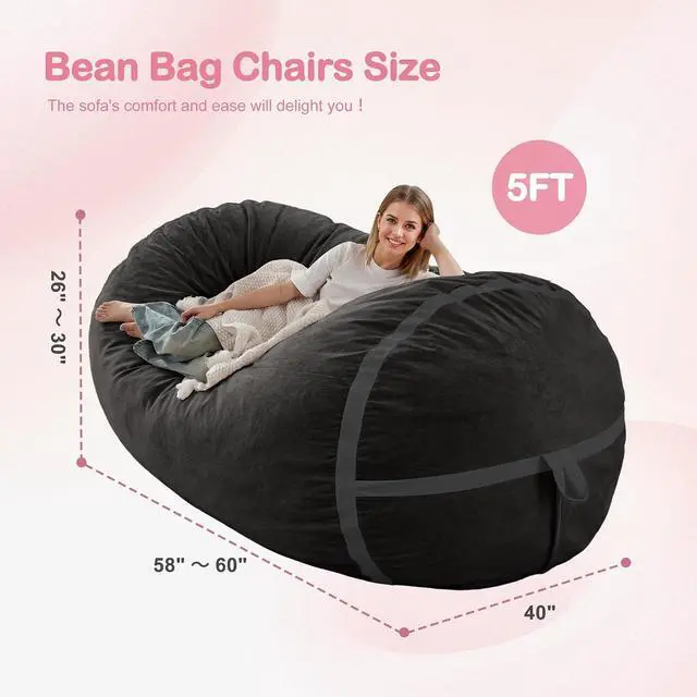Alt view image 2 of 6 - 5ft Bean Bag Chair Giant Bean Bag Chairs for Adults with Memory Foam Filled, Large Beanbag Chair with Removable Dutch Velvet Cover for Living Room, Bedroom, Dorm, Black