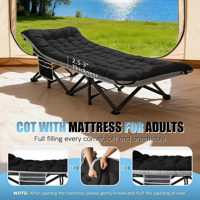 Alt view image 3 of 7 - Camping Cot, Portable Camping Cot for Adult, 28" Wide Sleeping Cot Max Load 600LBS with Thick Mattress and Carry Bag, Portable Camping Bed for Outdoor Camping/Office, Home Nap