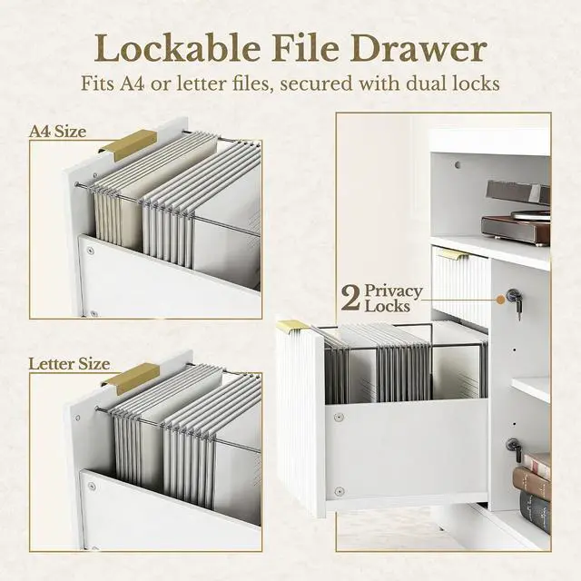 Alt view image 3 of 7 - 4 Drawer File Cabinet, Fluted Wood Lateral Filing Cabinet with Lock and Charging Station for Home Office, Printer Stand with Open Storage Shelves, Fits A4, Letter Size Files, White