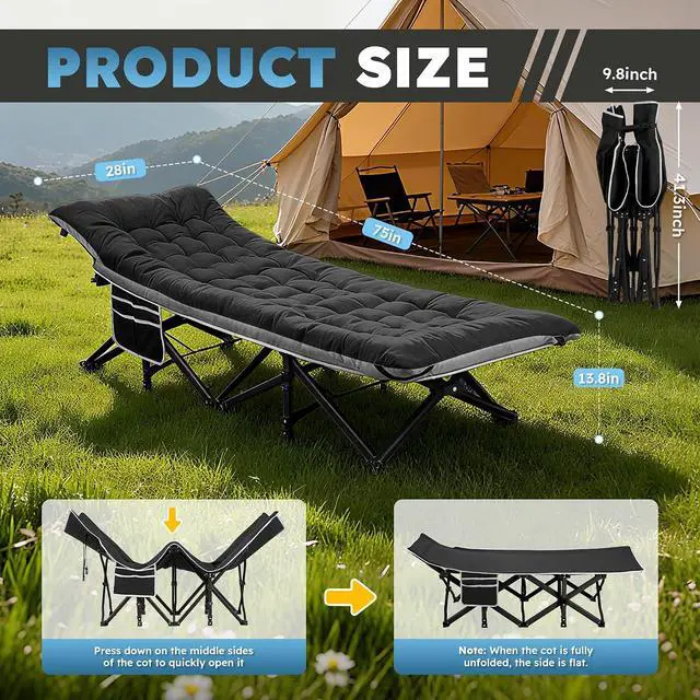 Alt view image 6 of 7 - Camping Cot, Portable Camping Cot for Adult, 28" Wide Sleeping Cot Max Load 600LBS with Thick Mattress and Carry Bag, Portable Camping Bed for Outdoor Camping/Office, Home Nap