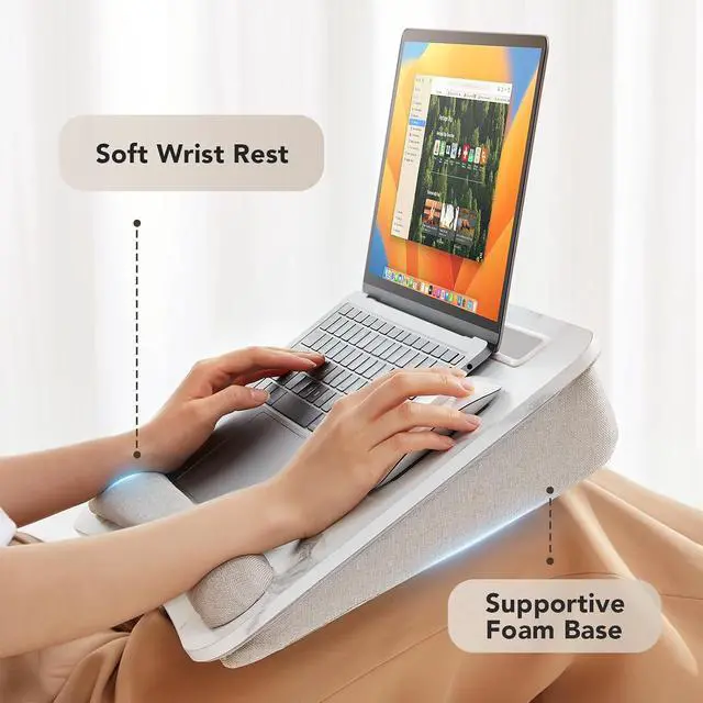 Alt view image 5 of 7 - Laptop Lap Desk - Portable Lap Desk with Pillow Cushion, Fits up to 15.6 inch Laptop, with Anti-Slip Strip & Storage Function for Home Office Students Use as Computer Laptop Stand - Marble