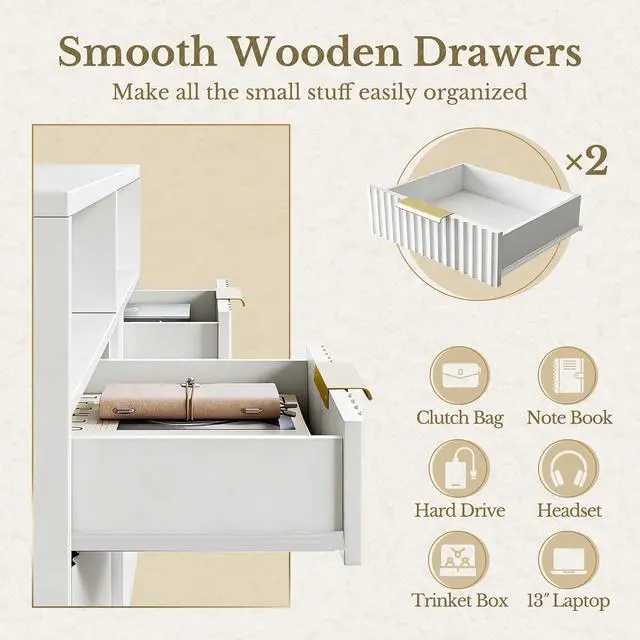 Alt view image 6 of 7 - 4 Drawer File Cabinet, Fluted Wood Lateral Filing Cabinet with Lock and Charging Station for Home Office, Printer Stand with Open Storage Shelves, Fits A4, Letter Size Files, White