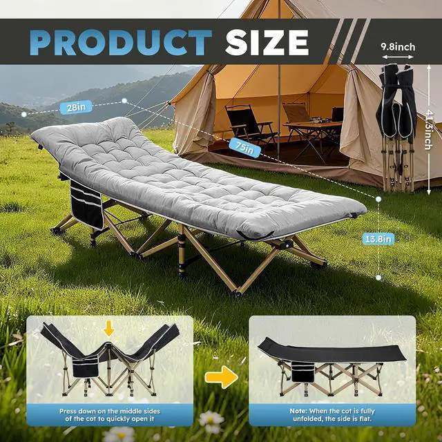 Alt view image 6 of 7 - Camping Cot, Portable Camping Cot for Adult, 28" Wide Sleeping Cot Max Load 600LBS with Thick Mattress and Carry Bag, Portable Camping Bed for Outdoor Camping/Office, Home Nap