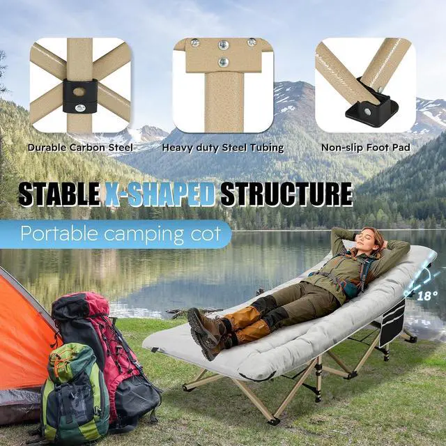 Alt view image 4 of 7 - Camping Cot, Portable Camping Cot for Adult, 28" Wide Sleeping Cot Max Load 600LBS with Thick Mattress and Carry Bag, Portable Camping Bed for Outdoor Camping/Office, Home Nap