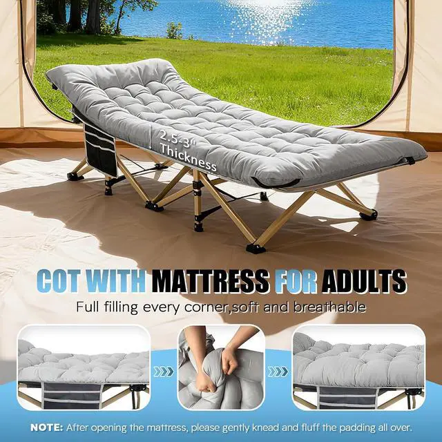 Alt view image 3 of 7 - Camping Cot, Portable Camping Cot for Adult, 28" Wide Sleeping Cot Max Load 600LBS with Thick Mattress and Carry Bag, Portable Camping Bed for Outdoor Camping/Office, Home Nap