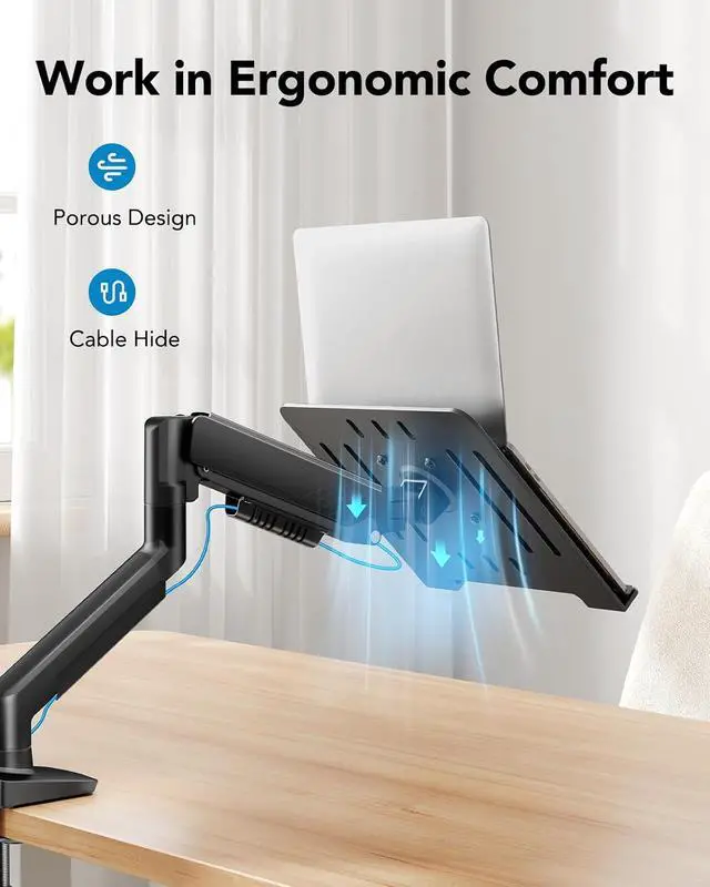 Alt view image 6 of 7 - 2 in 1 Function Laptop Mount with Tray, Fits 13-34 Monitors & Up to 17 Notebook, Ergonomic Laptop Arm with Full Motion Adjustment, Laptop Stand for Desk, VESA 75x75mm/100x100mm