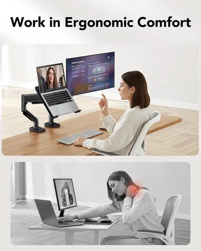 Alt view image 3 of 7 - 2 in 1 Function Laptop Mount with Tray, Fits 13-34 Monitors & Up to 17 Notebook, Ergonomic Laptop Arm with Full Motion Adjustment, Laptop Stand for Desk, VESA 75x75mm/100x100mm