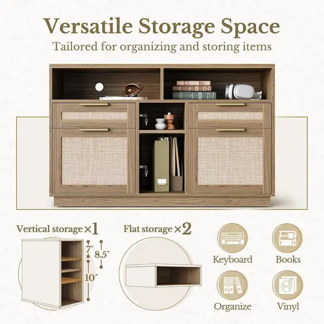 Alt view image 4 of 7 - 4 Drawer File Cabinet, Fluted Wood Lateral Filing Cabinet with Lock and Charging Station for Home Office, Printer Stand with Open Storage Shelves, Fits A4, Letter Size, Natural Oak