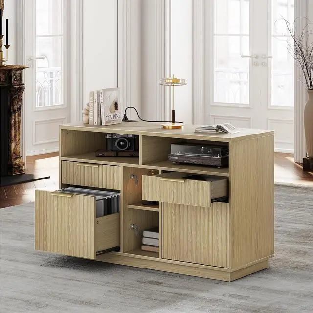 Main image of 4 Drawer File Cabinet, Fluted Wood Lateral Filing Cabinet with Lock and Charging Station for Home Office, Printer Stand with Open Storage Shelves, Fits A4, Letter Size, Light Waulnut
