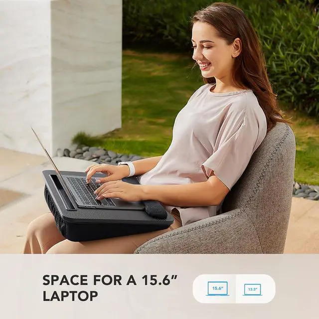 Alt view image 2 of 7 - Laptop Lap Desk - Portable Lap Desk with Pillow Cushion, Fits up to 15.6 inch Laptop, with Anti-Slip Strip & Storage Function for Home Office Students Use as Computer Laptop Stand- Black