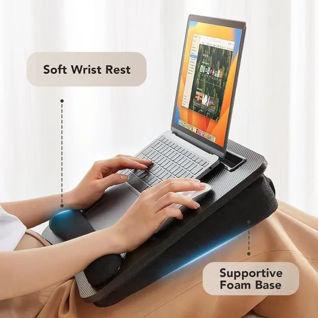 Alt view image 3 of 7 - Laptop Lap Desk - Portable Lap Desk with Pillow Cushion, Fits up to 15.6 inch Laptop, with Anti-Slip Strip & Storage Function for Home Office Students Use as Computer Laptop Stand- Black