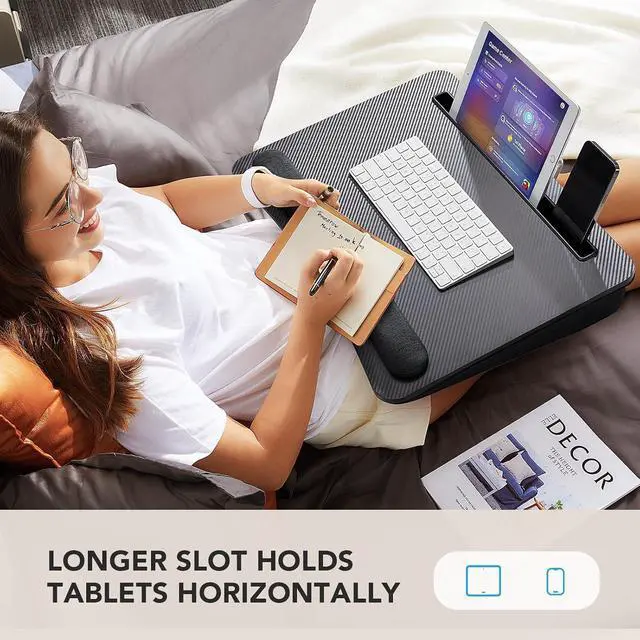 Alt view image 7 of 7 - Laptop Lap Desk - Portable Lap Desk with Pillow Cushion, Fits up to 17 inch Laptop, with Anti-Slip Strip & Storage Function for Home Office Students Use as Computer Laptop Stand- Black