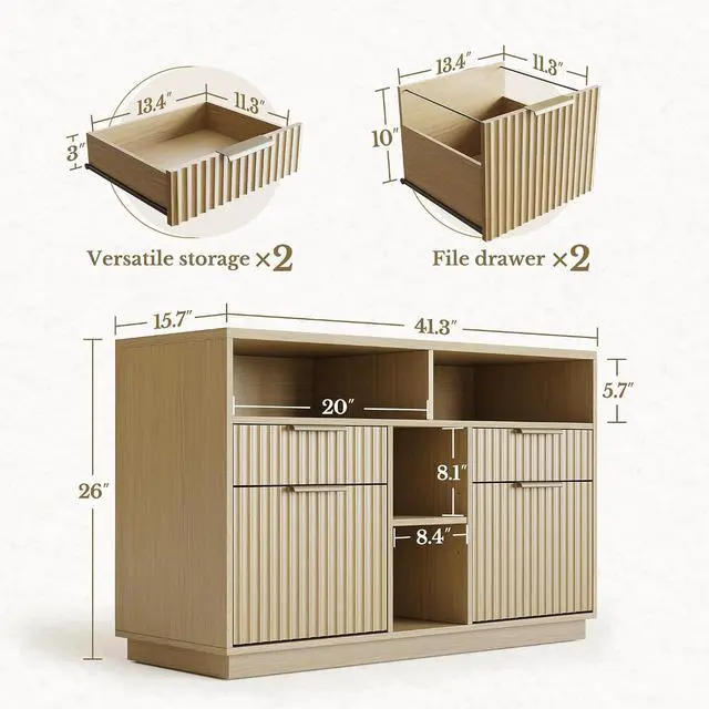 Alt view image 2 of 7 - 4 Drawer File Cabinet, Fluted Wood Lateral Filing Cabinet with Lock and Charging Station for Home Office, Printer Stand with Open Storage Shelves, Fits A4, Letter Size, Light Waulnut