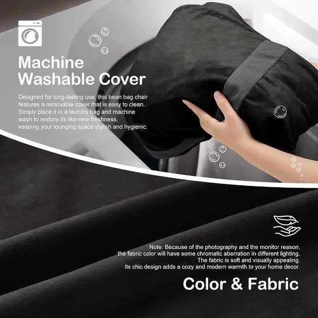 Alt view image 6 of 6 - 5ft Bean Bag Chair Giant Bean Bag Chairs for Adults with Memory Foam Filled, Large Beanbag Chair with Removable Dutch Velvet Cover for Living Room, Bedroom, Dorm, Black