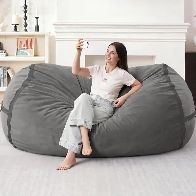 Alt view image 3 of 6 - 6ft Bean Bag Chair Giant Bean Bag Chairs for Adults with Memory Foam Filled, Large Beanbag Chair with Removable Dutch Velvet Cover for Living Room, Bedroom, Dorm, Dark Grey