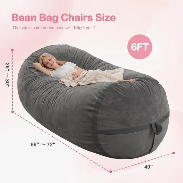 Alt view image 2 of 6 - 6ft Bean Bag Chair Giant Bean Bag Chairs for Adults with Memory Foam Filled, Large Beanbag Chair with Removable Dutch Velvet Cover for Living Room, Bedroom, Dorm, Dark Grey