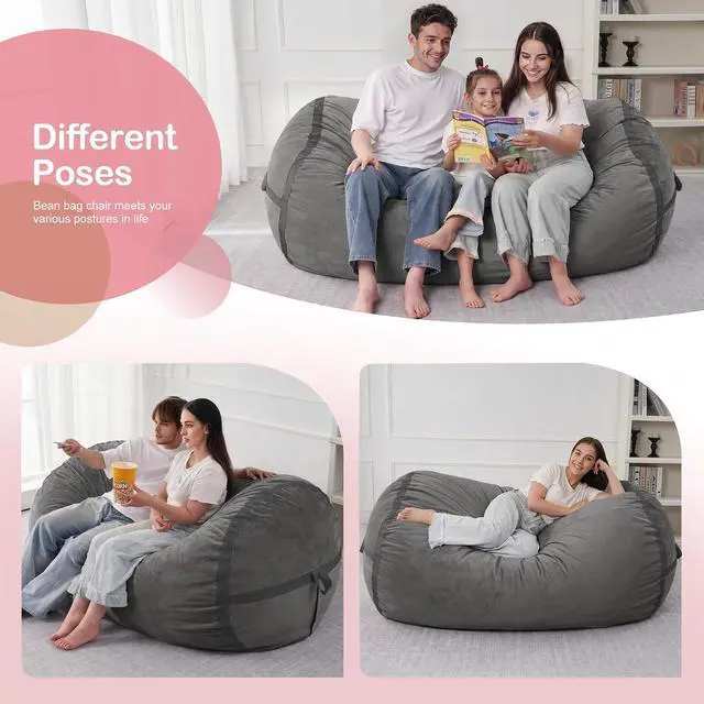 Alt view image 5 of 6 - 6ft Bean Bag Chair Giant Bean Bag Chairs for Adults with Memory Foam Filled, Large Beanbag Chair with Removable Dutch Velvet Cover for Living Room, Bedroom, Dorm, Dark Grey