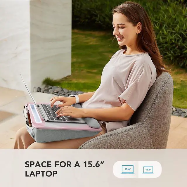 Alt view image 2 of 7 - Laptop Lap Desk - Portable Lap Desk with Pillow Cushion, Fits up to 15.6 inch Laptop, with Anti-Slip Strip & Storage Function for Home Office Students Use as Computer Laptop Stand - Pink