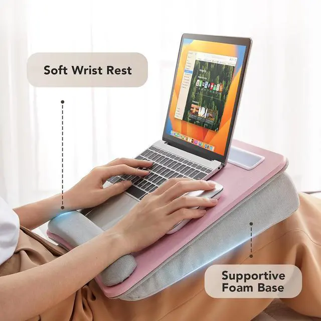 Alt view image 4 of 7 - Laptop Lap Desk - Portable Lap Desk with Pillow Cushion, Fits up to 15.6 inch Laptop, with Anti-Slip Strip & Storage Function for Home Office Students Use as Computer Laptop Stand - Pink