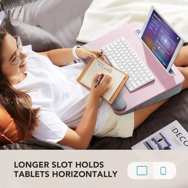 Alt view image 5 of 7 - Laptop Lap Desk - Portable Lap Desk with Pillow Cushion, Fits up to 15.6 inch Laptop, with Anti-Slip Strip & Storage Function for Home Office Students Use as Computer Laptop Stand - Pink
