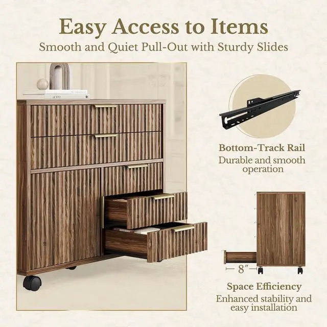 Alt view image 7 of 7 - Fluted File Cabinet with 5 Drawers, Large Storage with Cabinet Door, Mobile Filing Cabinet with Locable Wheels for Home Office, Black Walnut