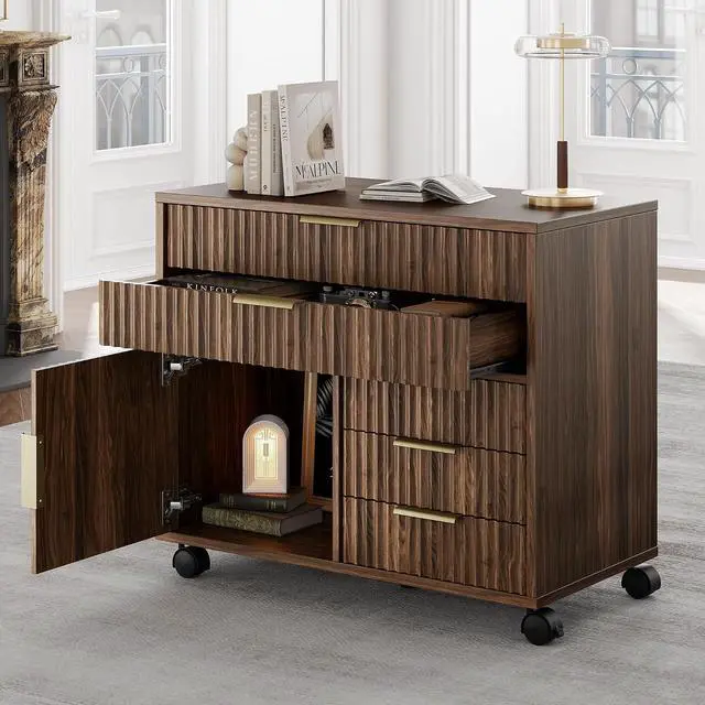 Main image of Fluted File Cabinet with 5 Drawers, Large Storage with Cabinet Door, Mobile Filing Cabinet with Locable Wheels for Home Office, Black Walnut