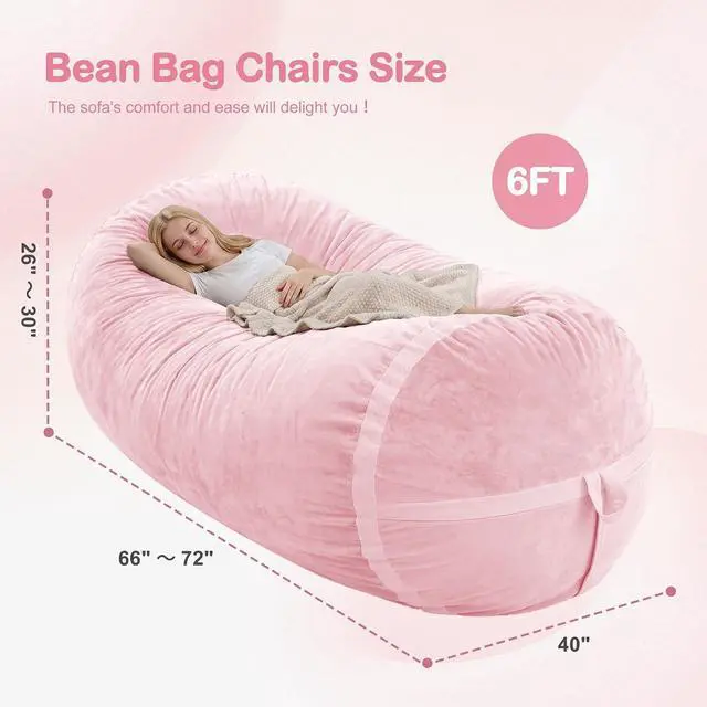 Alt view image 2 of 6 - 6ft Bean Bag Chair Giant Bean Bag Chairs for Adults with Memory Foam Filled, Large Beanbag Chair with Removable Dutch Velvet Cover for Living Room, Bedroom, Dorm, Pink
