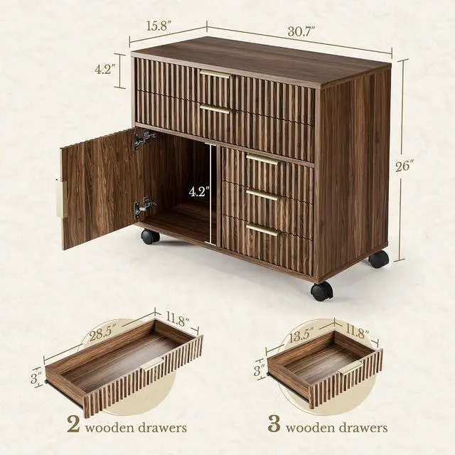 Alt view image 3 of 7 - Home Office Furniture Set, Fluted Wooden File Cabinet with Locable Wheels, Filing Cabinet with 5 Drawers for Home Office, Black Walnut