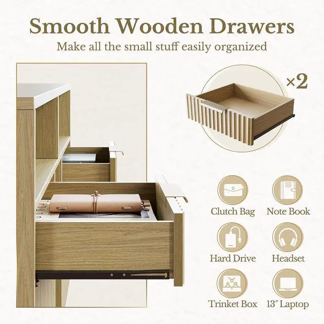 Alt view image 5 of 7 - 4 Drawer File Cabinet, Fluted Wood Lateral Filing Cabinet with Lock and Charging Station for Home Office, Printer Stand with Open Storage Shelves, Fits A4, Letter Size, Light Waulnut